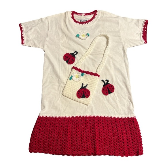 Hand Crafted Ladybug Dress with Matching Purse Crochet Red around White T Shirt - Picture 1 of 16